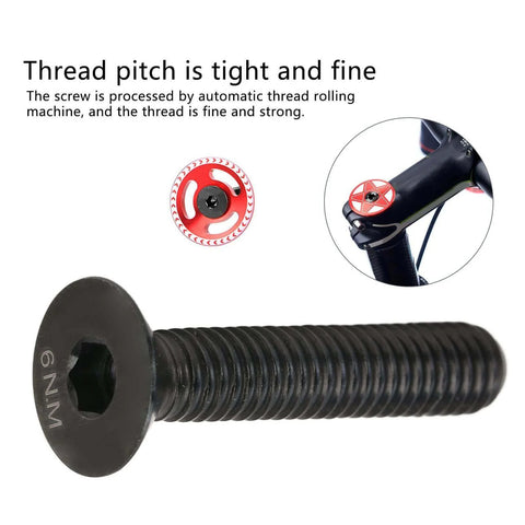 Close-up of ✝️ Bike Stem Bolt Screw, M6 x 30mm Black Titanium Alloy Flat Head with a bike headset stem top cap, showing fine thread pitch.