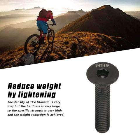 ✝️ Bike Stem Bolt Screw, M6 x 30mm Black Titanium Alloy, shown with cyclist on mountain, highlighting weight reduction.