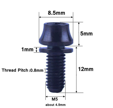 ✝️ VAMUOEFL M5x12mm Titanium Bolts with Washers for Bicycle Water Bottle Cage Hex Ti Screws, Quantity 4Pcs (Black), dimensions labeled
