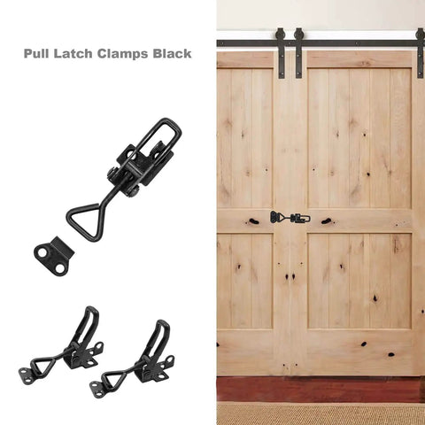 Adjustable Black Toggle Clamp Latch Set With Lock Hole And 550 Lbs Holding Capacity shown on wooden doors