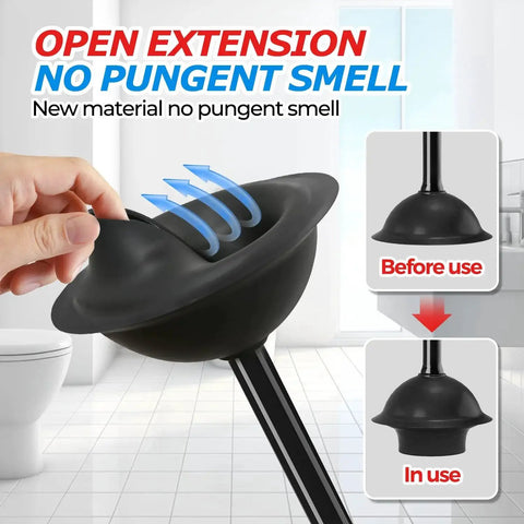 Hand holding powerful toilet plunger with holder, showcasing double layer seal delivering ultra tight drain grip, black 19-inch.