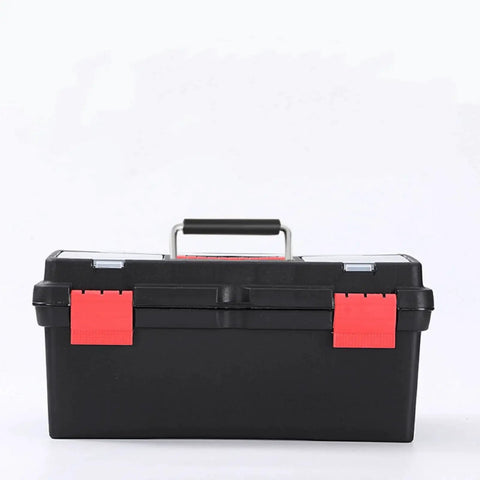 Black toolbox with red latches and a silver handle, featuring Two Pack Silver Spring Loaded Heavy Duty Handles With Stainless Steel Construction.