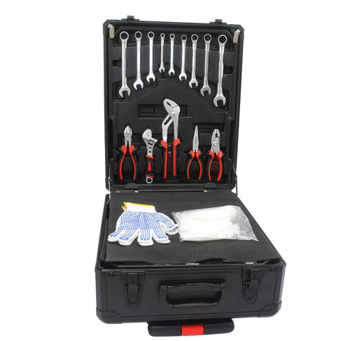 Large Capacity Repair Toolkit Set With Rolling Case For Emergency Car Repairs, Water, Electrical, And Woodworking Fixes, Black