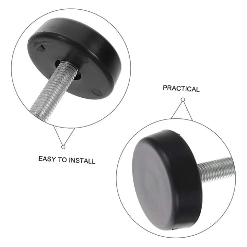 Close-up of Four Piece Adjustable Treadmill Feet Mounting Hardware with Thumb Screws for Exercise Machines, black rubber