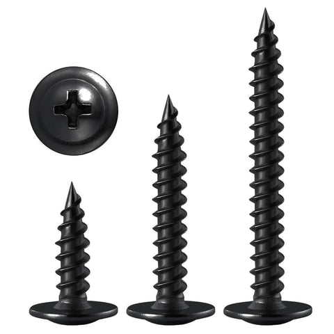250 Count Black Truss Head Wood Screws 1 Inch Self Tapping Carbon Steel With Black Phosphate Coating, various screw sizes shown