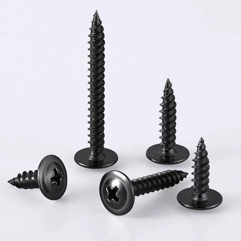250 Count Black Truss Head Wood Screws 1 Inch Self Tapping Carbon Steel With Black Phosphate Coating, five screws displayed
