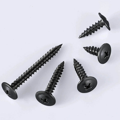 250 Count Black Truss Head Wood Screws 1 Inch Self Tapping Carbon Steel With Black Phosphate Coating scattered on white surface