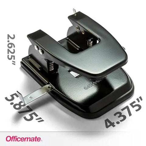 Two Hole Paper Punch 30 Sheet Capacity Black with Adjustable Guide and Easy Chip Tray, side view with measurements