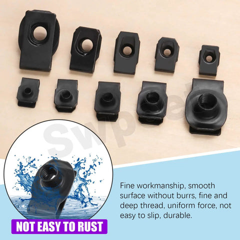 Heavy Duty Car U Clip Kit 50 Pieces M4 M5 M6 M8 M10 U Clips For Dash And Interior Trim Panels, Universal Auto Fasteners, Black Carbon Steel, Includes Storage Box, Compatible With Most Vehicles, shown on a surface with rust-resistant feature highlighted.