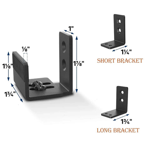 Sliding Barn Door Bottom Floor Guide, U Shape, black finish with short and long bracket dimensions, flexible adjustable fit.