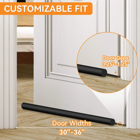Two Pack Under Door Draft Stopper For 30 To 36 Inch Doors, Adjustable Gap Filler And Door Seal, shown installed on door