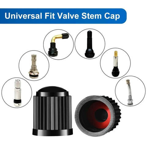 Universal fit black valve stem cap with sealing ring, shown with various valve types, key feature of Upgraded Valve Stem Caps With Sealing Ring For Cars Motorbikes Trucks Bicycles Universal Fit Black 24 Pack Dustproof And Waterproof To Prevent Air Leakage On Long Rugged Drives In Any Weather Conditions.