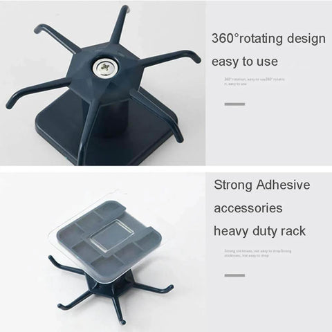 Close-up of 2pcs Under Cabinet Kitchen Utensil Rack showing 360° rotating hooks and strong adhesive base, black.