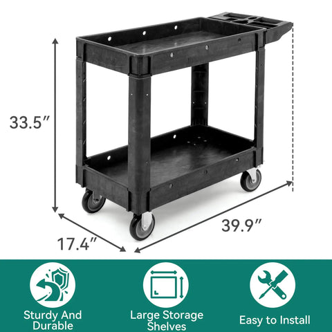 Heavy Duty Plastic Utility Cart On Wheels With 550 Lb Capacity 2 Shelf Rolling Service Cart For Warehouse Garage School And Office Cleaning YITAHOME Black shown from side view with dimensions.