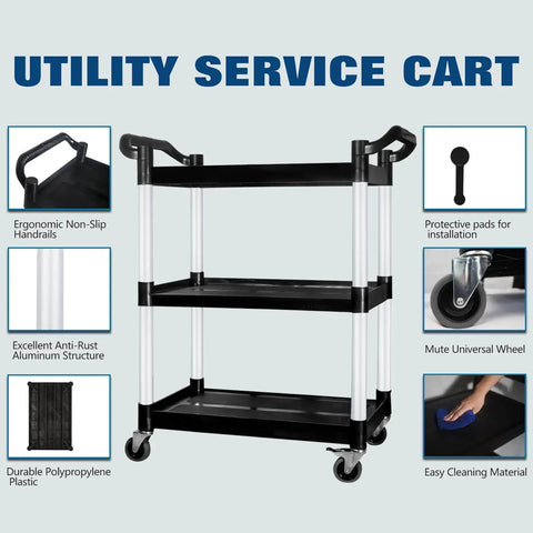 Heavy Duty Plastic Utility Cart With Locking Wheels And 550 Pound Capacity, Big Boss Restaurant Service Cart For Foodservice, Office And Warehouse, Black, 40.15 By 19.29 By 38.97 Inches Abacad, shown with non-slip handlebars and lockable wheels.