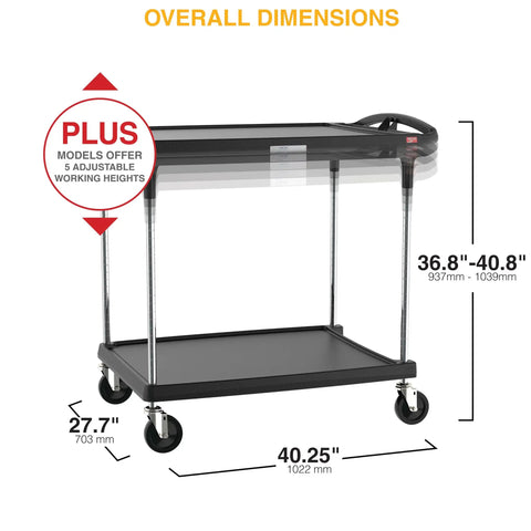 Adjustable Height Heavy Duty Utility Cart Built Tough With 2 Shelves 400 Lb Capacity Rolling Cart For Home Commercial And Industrial Use Top Shelf Adjustable In 5 Heights Black 27.7 W x 40.25 L x 36.8 to 40.8 H