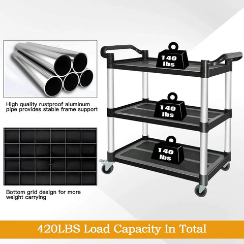 Heavy Duty 3 Tier Utility Cart With Wheels For Restaurant And Warehouse, 420 Lb Capacity, Lockable Wheels, Rubber Hammer Included