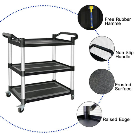 Image of a Heavy Duty 3 Tier Utility Cart With Wheels For Restaurant And Warehouse, 420 Lb Capacity, Lockable Wheels, Rubber Hammer Included, Durable Aluminum And Polypropylene Build, Mobile Food Service Cart For Kitchen Black.