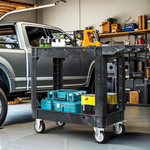 Heavy Duty Plastic Utility Cart On Wheels With 1000 Lb Capacity And 2 Shelves DWVO Rolling Service Cart in garage setting