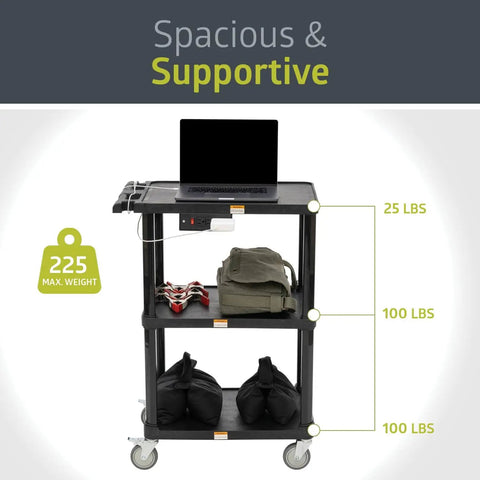 Mobile Utility Cart With Three Shelves And Three Outlets And Eight Foot Cord For Office And Warehouse Use Heavy Duty Workhorse Service Cart With Four Swivel Wheels And Push Handle Black Finish By Pearington with laptop and bags loaded