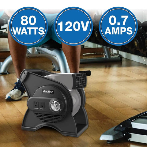 Pivoting Utility Fan For Home Job Site And Workshop By Air King with 3 speeds and grounded outlets resting in a home gym