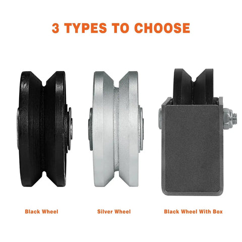 3 types of 4 Inch By One And A Half Inch Cast Iron V Groove Wheel With Roller Bearing 600 Lbs Capacity, black and silver options, front view