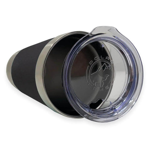 20oz Vacuum Insulated Tumbler Mug With Dope Black Widow Spider Design And Personalized Engraving Included side view with lid open