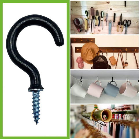Vinyl Coated Cup Hook Kit With Screws And Plugs, 46 Pcs, Six Sizes From Half Inch To One And A Quarter Inch displayed with usage examples
