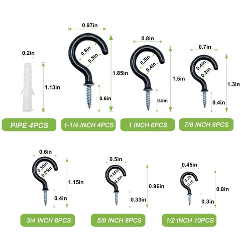 Vinyl Coated Cup Hook Kit With Screws And Plugs, 46 Pcs, Six Sizes From Half Inch To One And A Quarter Inch, Black Screw-In Cup Hooks