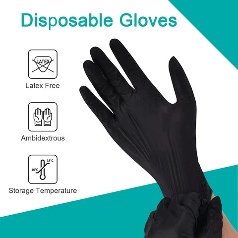 Black Vinyl Disposable Exam Gloves 4 Mil Latex Free Powder Free Medical 1000 showing glove flexibility with icons