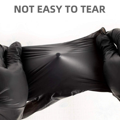 Hands stretching Black Vinyl Medical Exam Gloves Disposable Latex Free Powder Free 100 Count to show durability