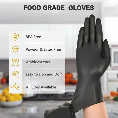 Black Vinyl Disposable Gloves Medium Size Latex Free And Powder Free Food Grade Gloves for cleaning and food preparation, hand wearing glove in kitchen.