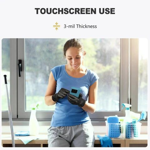 Woman using touchscreen with Black Vinyl Disposable Gloves Medium Size Latex Free And Powder Free Food Grade Gloves.