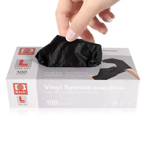 Black Vinyl Medical Exam Gloves Disposable Latex Free Powder Free 100 Count box with hand pulling out a glove