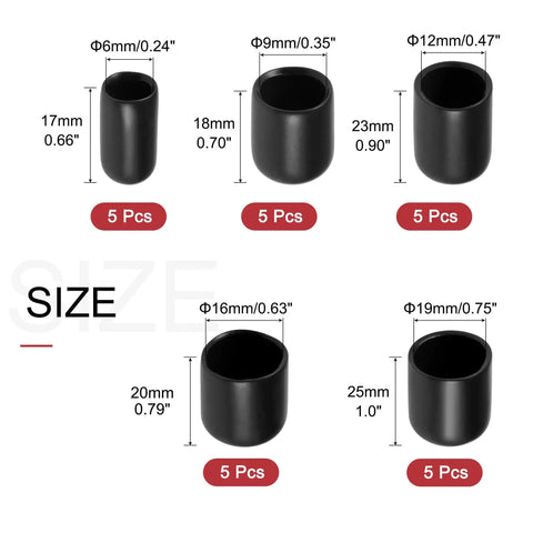Versatile Round Rubber End Caps Kit With 25 Pieces For One Quarter Inch Three Eighths Inch One Half Inch Five Eighths Inch Three Quarters Inch Inner Diameters In Black Vinyl Screw Thread Protectors Assortment By Uxcell showing various sizes and quantities.