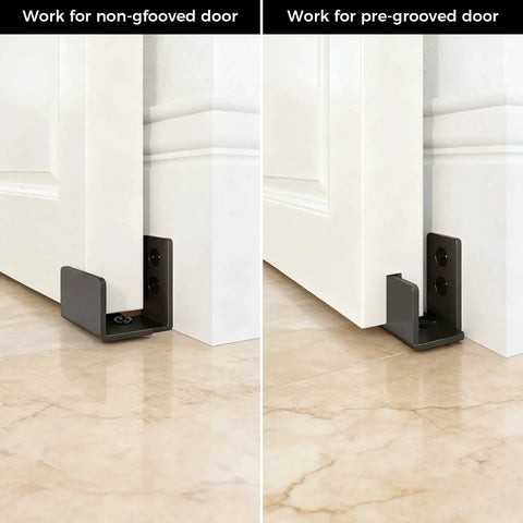 Bottom Floor Guide For Sliding Barn Doors Adjustable U Shaped Wall Mounted Bottom Guide Safe Flat Base Design To Prevent Scratches Easy Installation For Grooved And Non Grooved Doors Suitable For Wardrobe Doors And Cabinets Black shown installed on doors