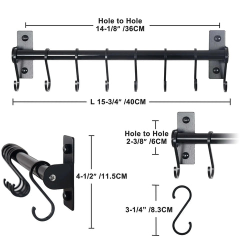 Kitchen Utensil Holder Hanger, Pot and Pan Rack Wall Mounted, Kitchen Rail with 8 Hooks, black, wall-mounted, dimensions shown.