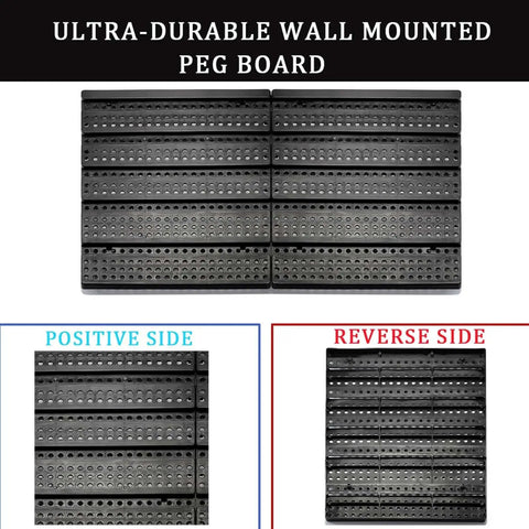 Ultra-durable wall-mounted peg board with positive and reverse sides shown, black panel design for garage and workshop use.