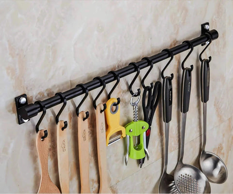 Gourmet Kitchen Utensil Rack with 6 Hooks, Wall Mounted Rail Wrought Iron Hanging Utensil Holder Rack with Removable S Hooks 16 Inch (Black-6 Hooks) on kitchen wall holding utensils