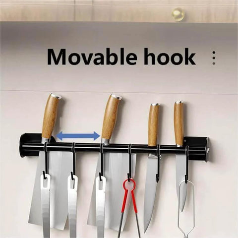 Modern Kitchen Utensil Rack, Black Wall-Mounted Hanging Rod with 6 Movable Hooks, 15.75 Inch Metal Storage Organizer displayed with knives