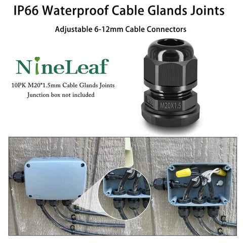 10 Pack Waterproof Cable Glands And Joints For 6 To 12mm Cables M20x1.5 Black Compression Fittings With 20mm Hole IP66 Weatherproof