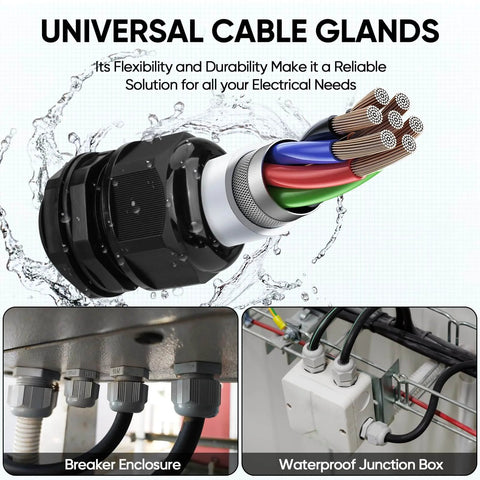 IP68 Waterproof Cable Gland Kit, Nylon NPT Adjustable Cable Seals, various sizes, installed in waterproof junction boxes, black, 20 pieces