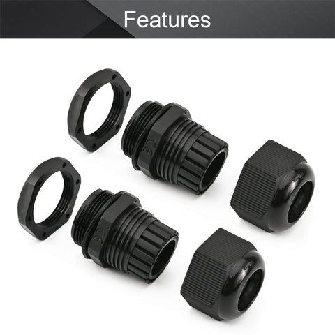 Five Pack Waterproof Plastic PG21 Cable Glands And Joints, Adjustable Connector Set In Black For 16 To 21mm Cable Diameter
