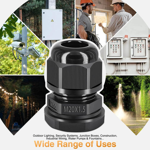 Waterproof M20x1.5 Cable Glands Set showing uses in outdoor lighting, construction, security systems, and garden applications.