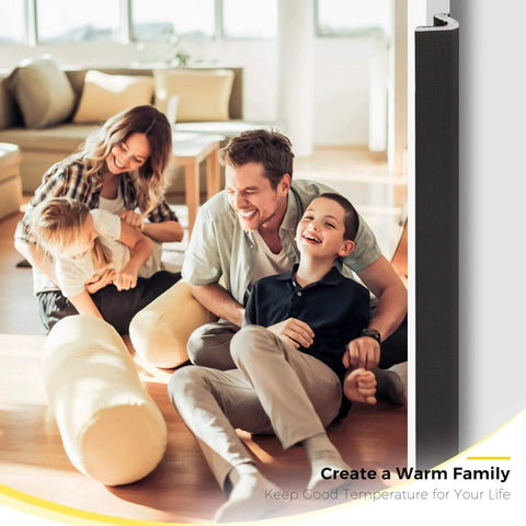 Family with children sitting indoors next to Weather Stripping Door Seal Strip - Soundproof Q-Shaped Foam for Exterior Door Frame, Large Gap Seal, Noise Cancelling, Easy to Install (Black, 26FT)