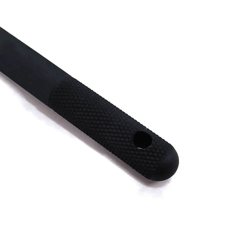 Close-up of a Two Piece Stainless Steel M14x1.5 Wheel Alignment Pin with textured handle and hole for quick tire mounting on cars with lug bolts.