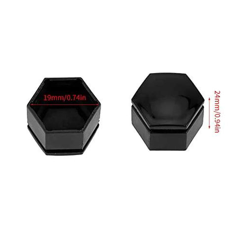 Close-up of two black plastic auto hub screw covers, 19mm and 21mm, from 20 Pcs Universal Car Wheel Nut Caps And Auto Hub Screw Covers set.