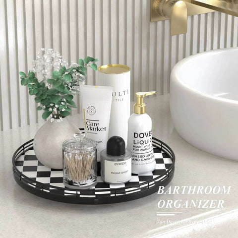 Black And White Checkered Round Lazy Susan Turntable With Iron Frame And 13 Inch Wooden Tabletop Kitchen Organizer