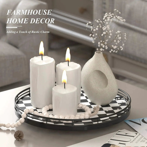 12 Inch Round Black And White Checkered Lazy Susan Turntable with decorative candles and vase, perfect for kitchen centerpieces.