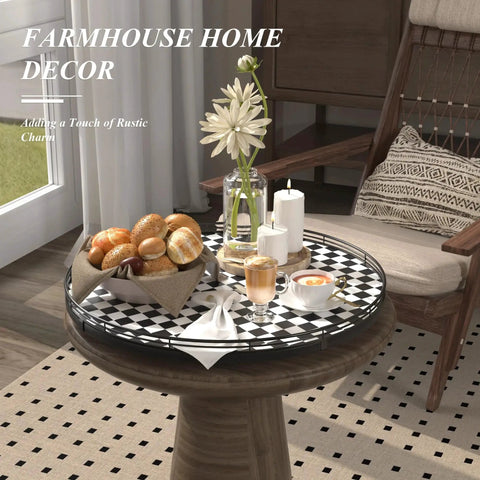 18 Inch Black And White Checkered Lazy Susan Turntable With Iron Frame Decorative Tray on dining table with pastries and flowers
